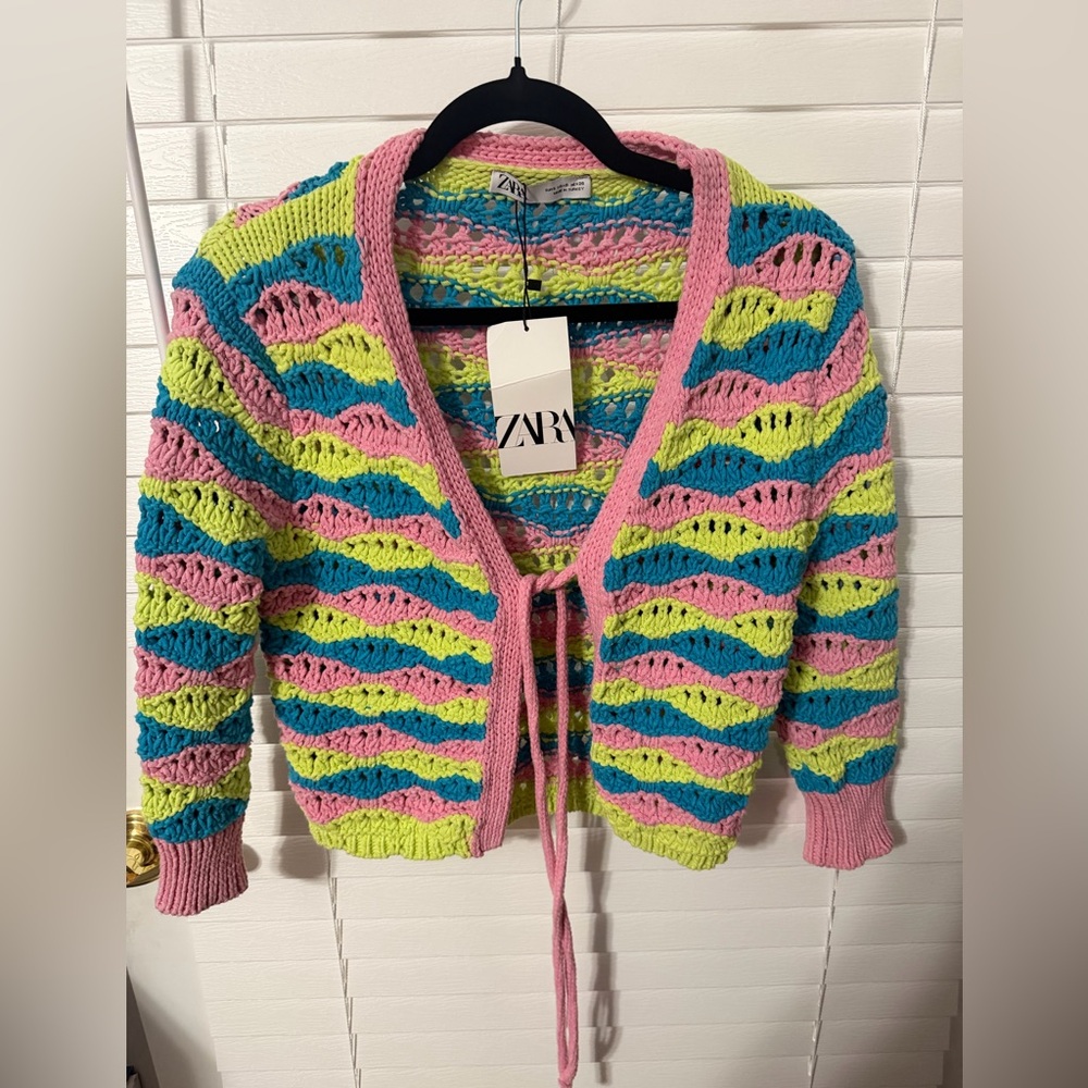 Zara Crochet Tie-Front Cardigan in Pink, Blue & Lime